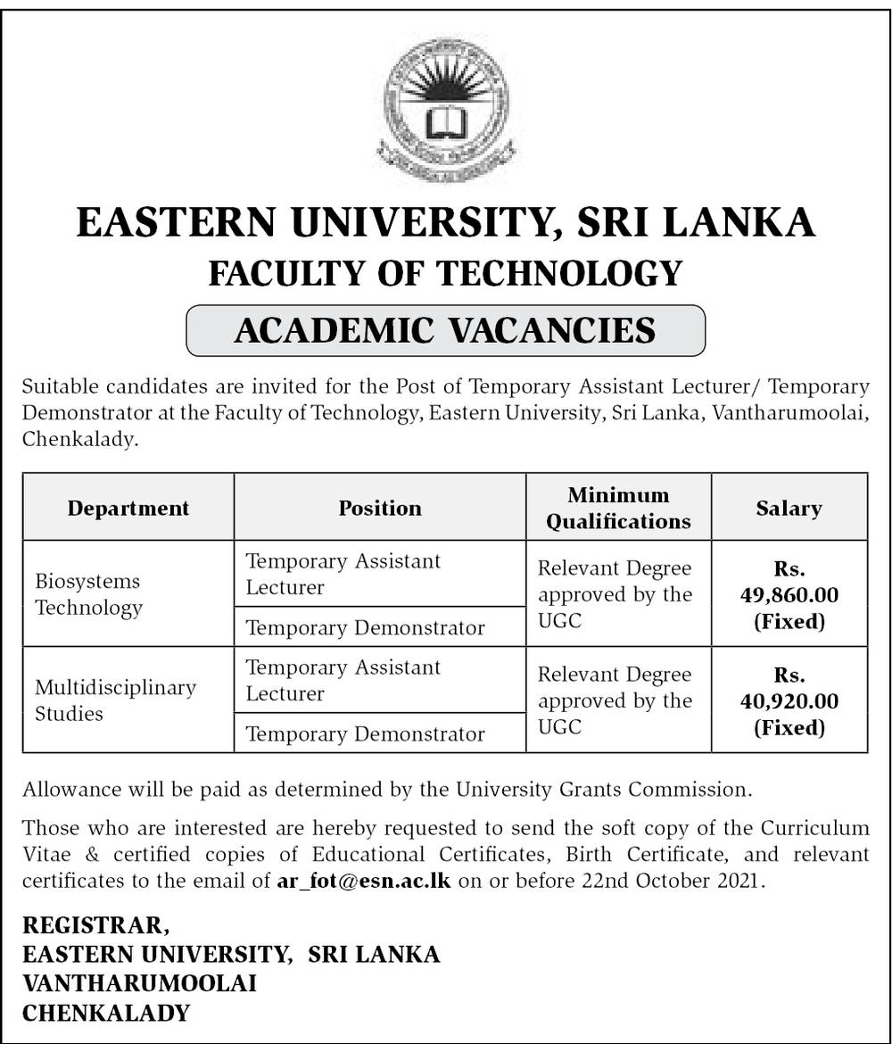 Assistant Lecturer, Demonstrator - Eastern University, Sri Lanka