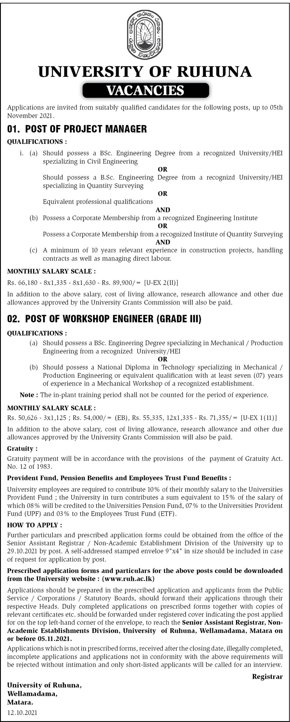 Project Manager, Workshop Engineer - University of Ruhuna