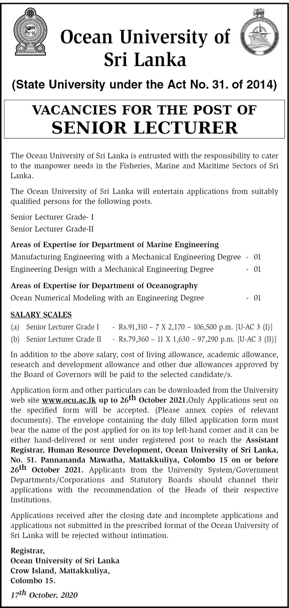 Senior Lecturer - Ocean University of Sri Lanka