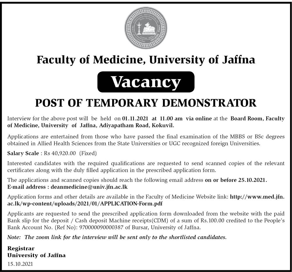 Demonstrator - Faculty of Medicine - University of Jaffna