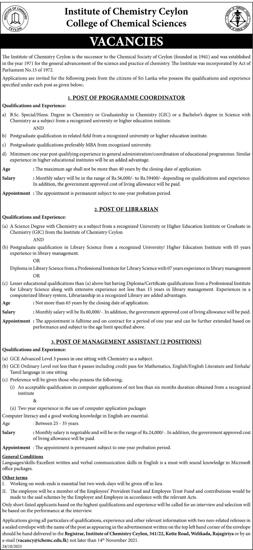 Management Assistant, Programme Coordinator, Librarian - Institute of Chemistry Ceylon