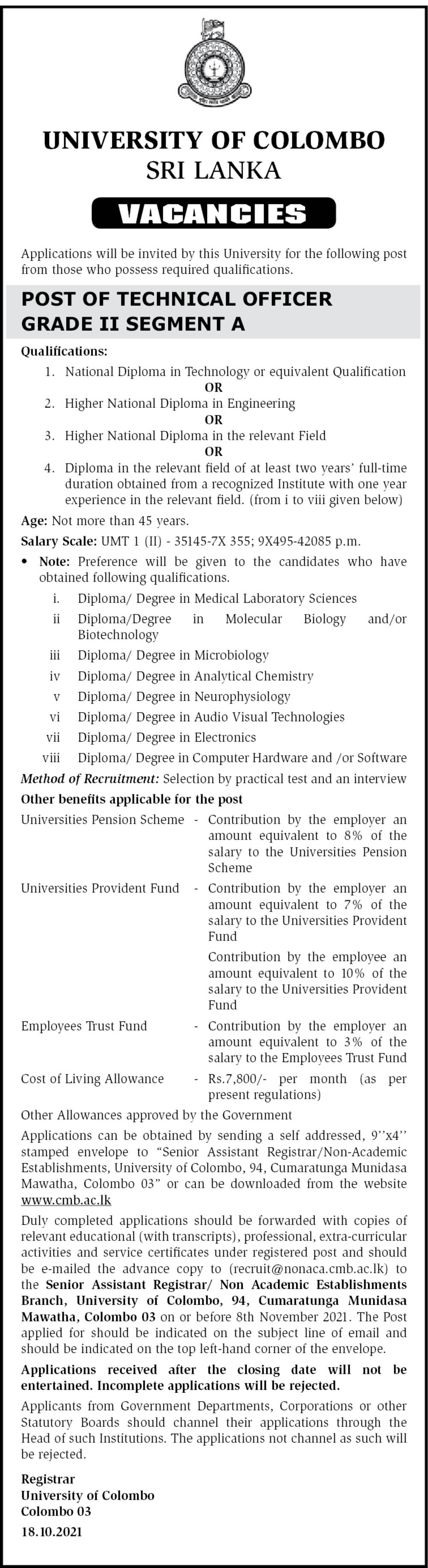 Technical Officer - University of Colombo