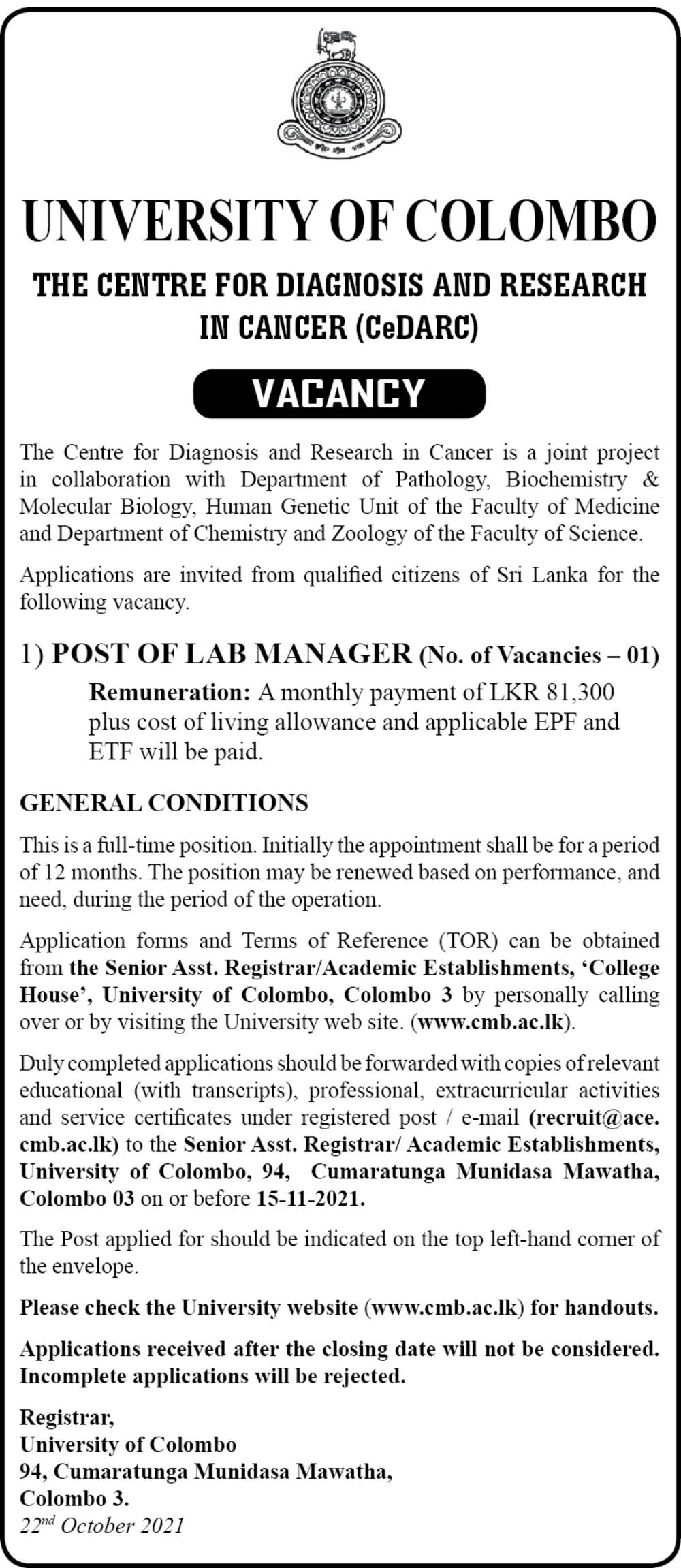 Lab Manager - University of Colombo