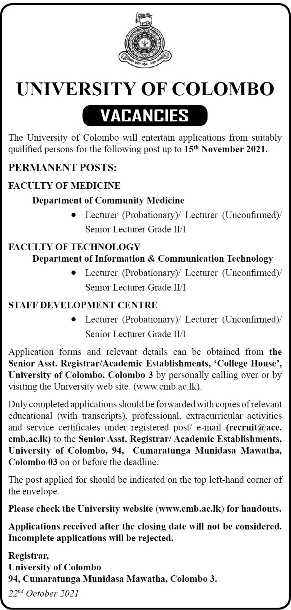 Lecturer, Senior Lecturer - University of Colombo