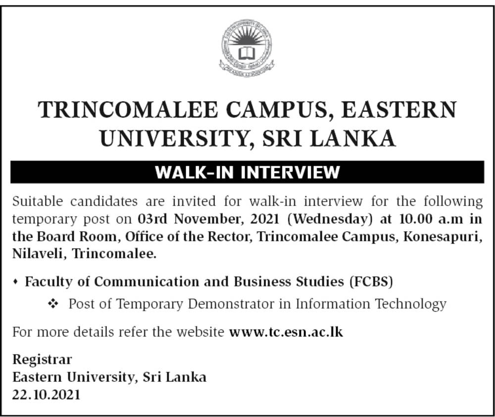 Demonstrator - Trincomalee Campus, Eastern University, Sri Lanka