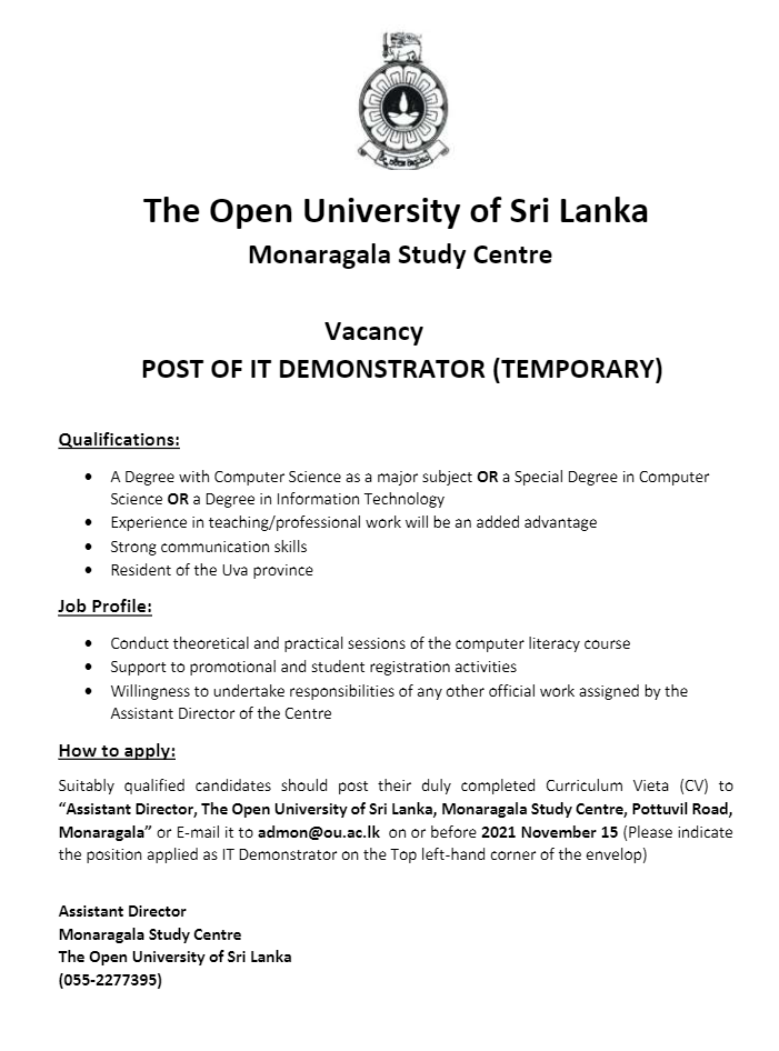 IT Demonstrator - The Open University of Sri Lanka