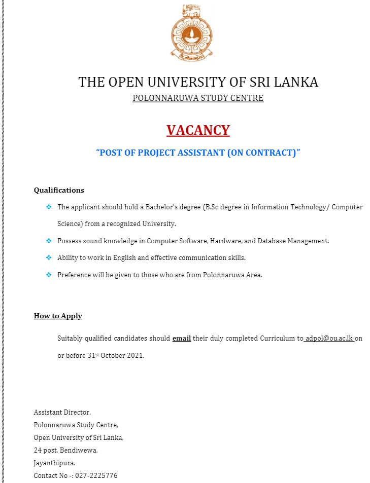 Project Assistant - The Open University of Sri Lanka