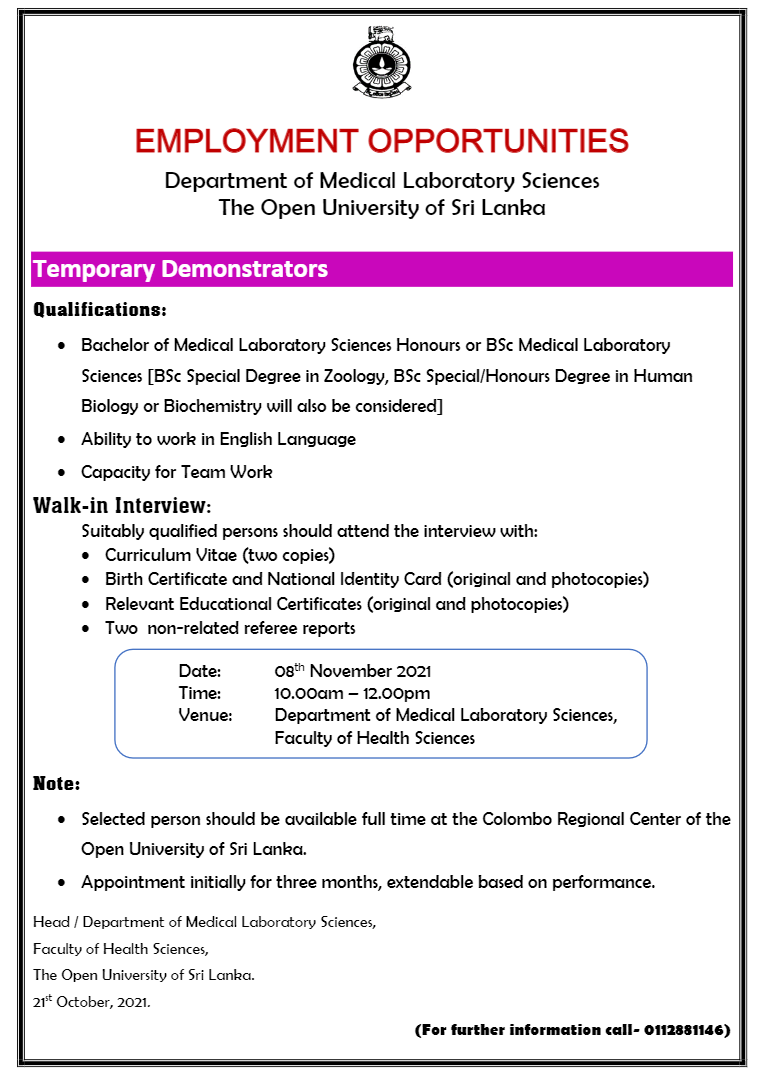 Demonstrator - The Open University of Sri Lanka