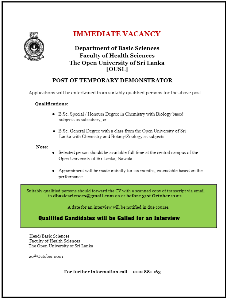 Demonstrator - The Open University of Sri Lanka