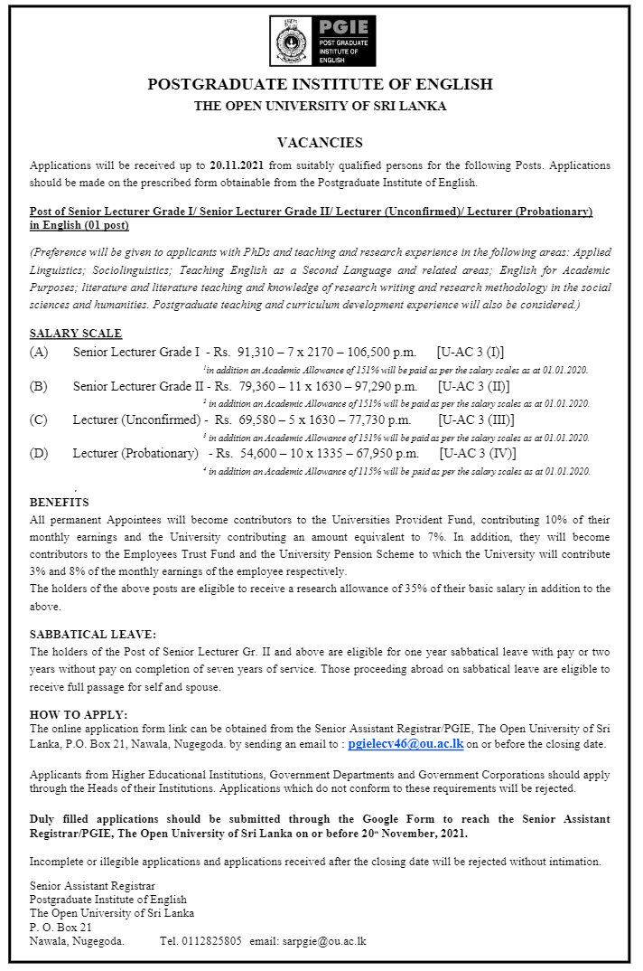 Senior Lecturer, Lecturer - The Open University of Sri Lanka