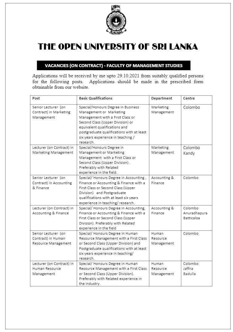 Senior Lecturer, Lecturer - The Open University of Sri Lanka