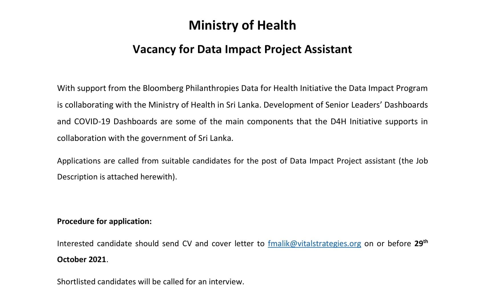 Data Impact Project Assistant - Ministry of Health