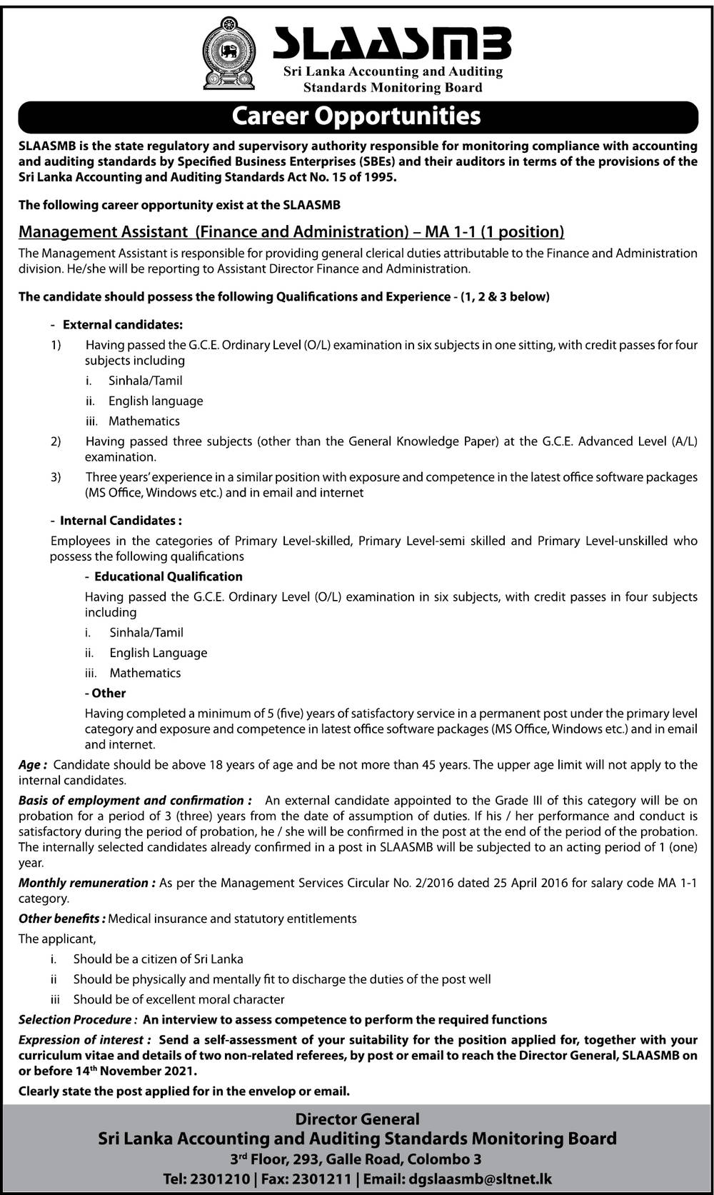 Management Assistant (Finance & Administration) - Sri Lanka Accounting & Auditing Standards Monitoring Board 