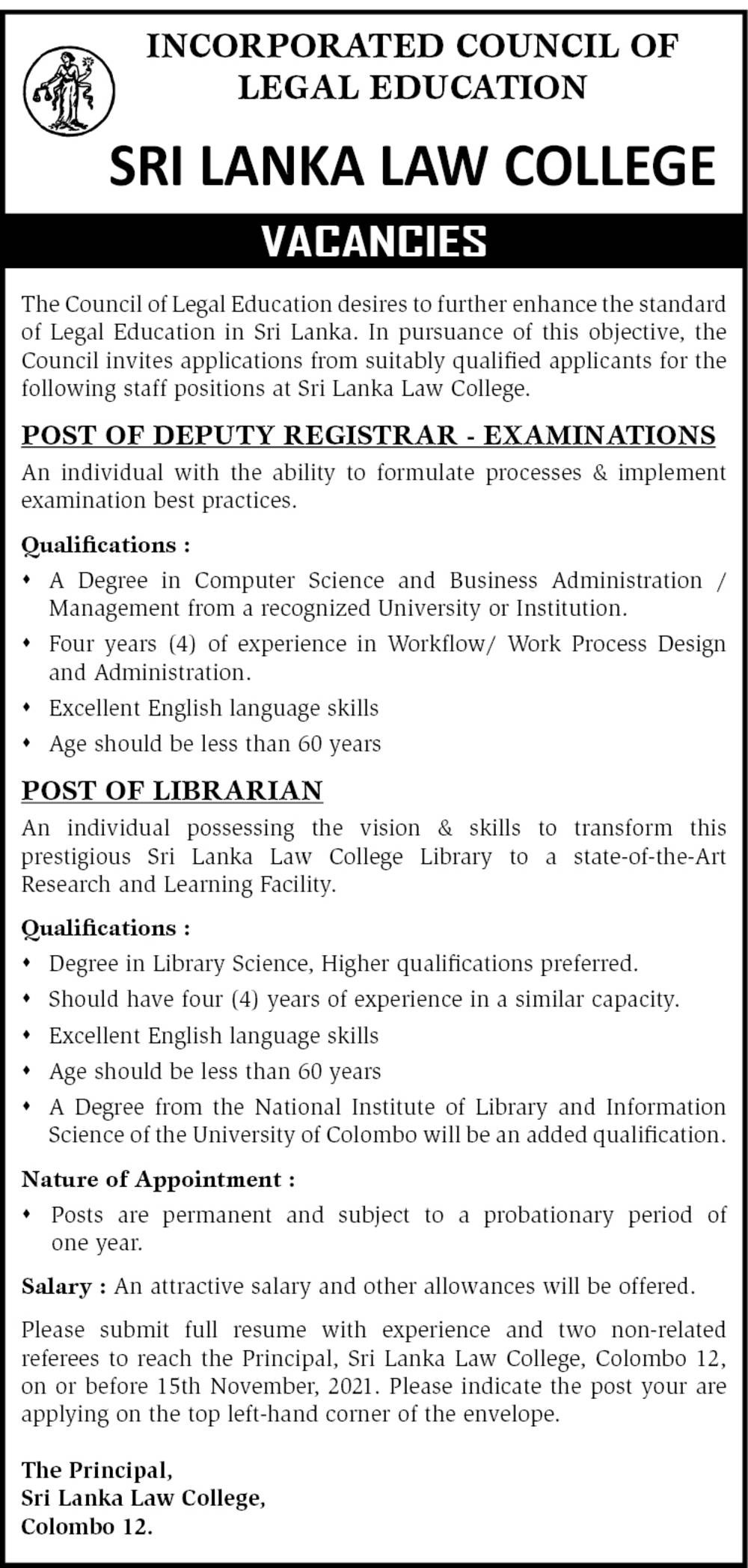 Deputy Registrar (Examination), Librarian - Sri Lanka Law College