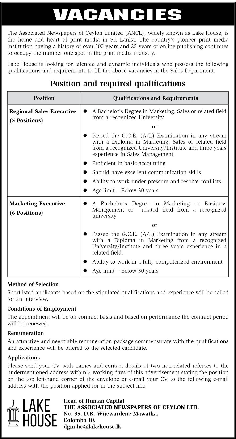 Regional Sales Executive, Marketing Executive - The Associated Newspapers of Ceylon Ltd