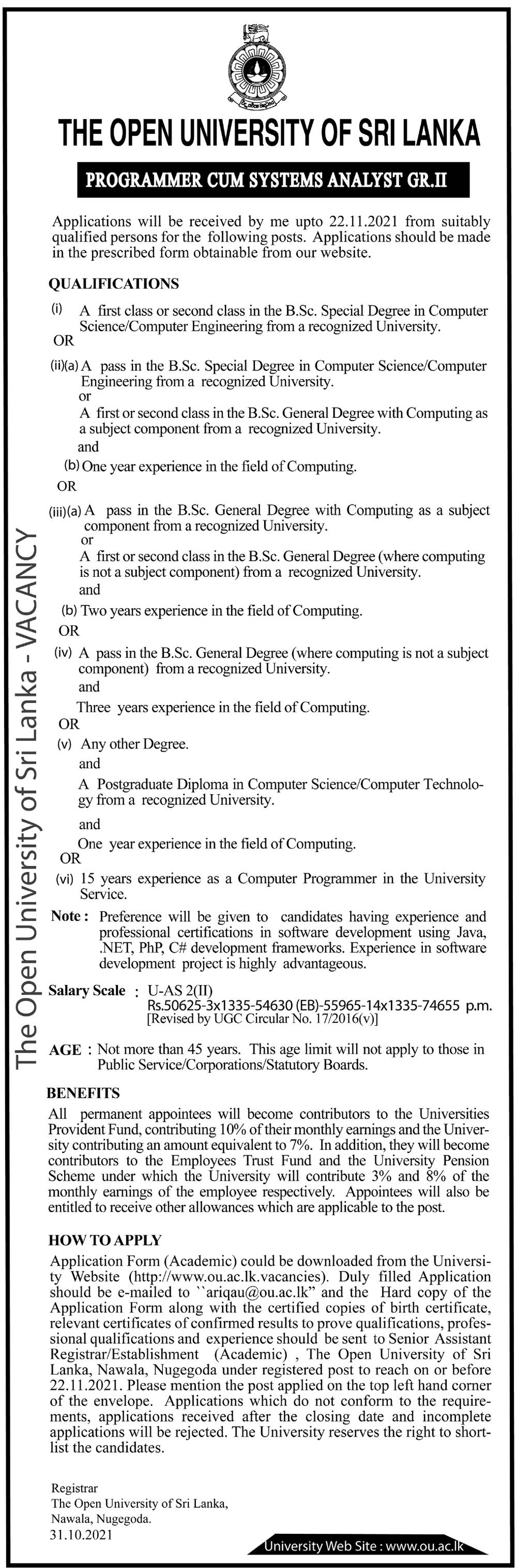 Programmer cum Systems Analyst - The Open University of Sri Lanka