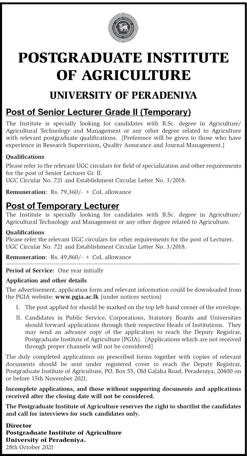 Senior Lecturer, Lecturer - Postgraduate Institute of Agriculture - University of Peradeniya