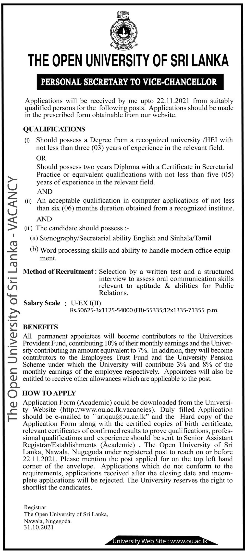 Personal Secretary to Vice Chancellor - The Open University of Sri Lanka