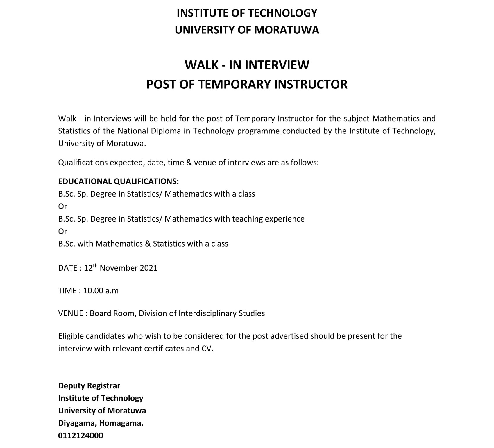 Temporary Instructor - Institute of Technology - University of Moratuwa