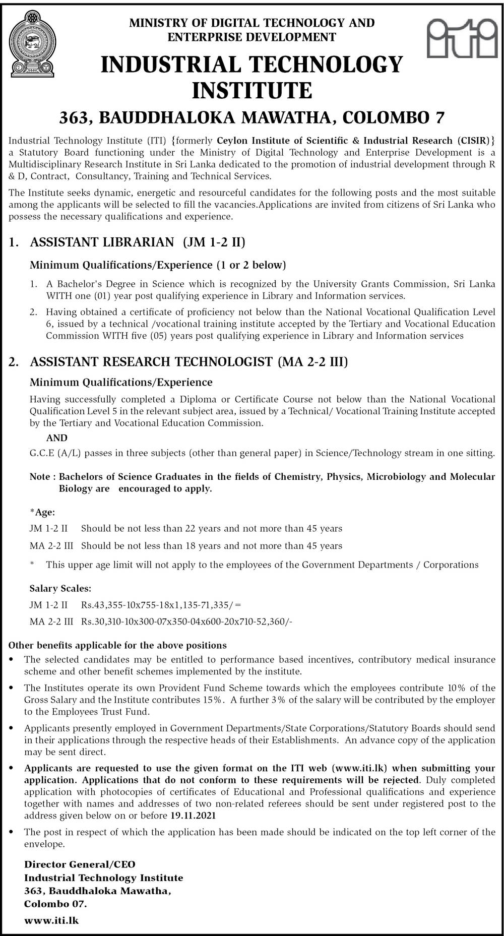 Assistant Librarian, Assistant Research Technologist - Industrial Technology Institute