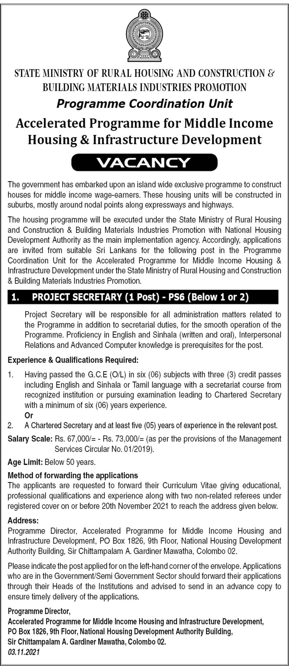 Project Secretary - State Ministry of Rural Housing and Construction & Building Materials Industries Promotion