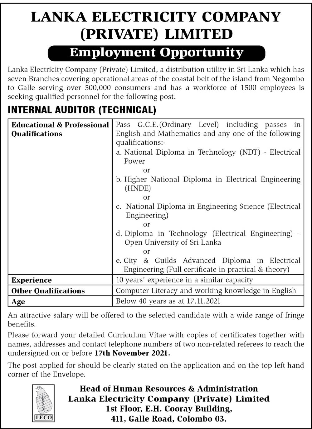 Internal Auditor (Technical) - Lanka Electrical Company (Private) Limited