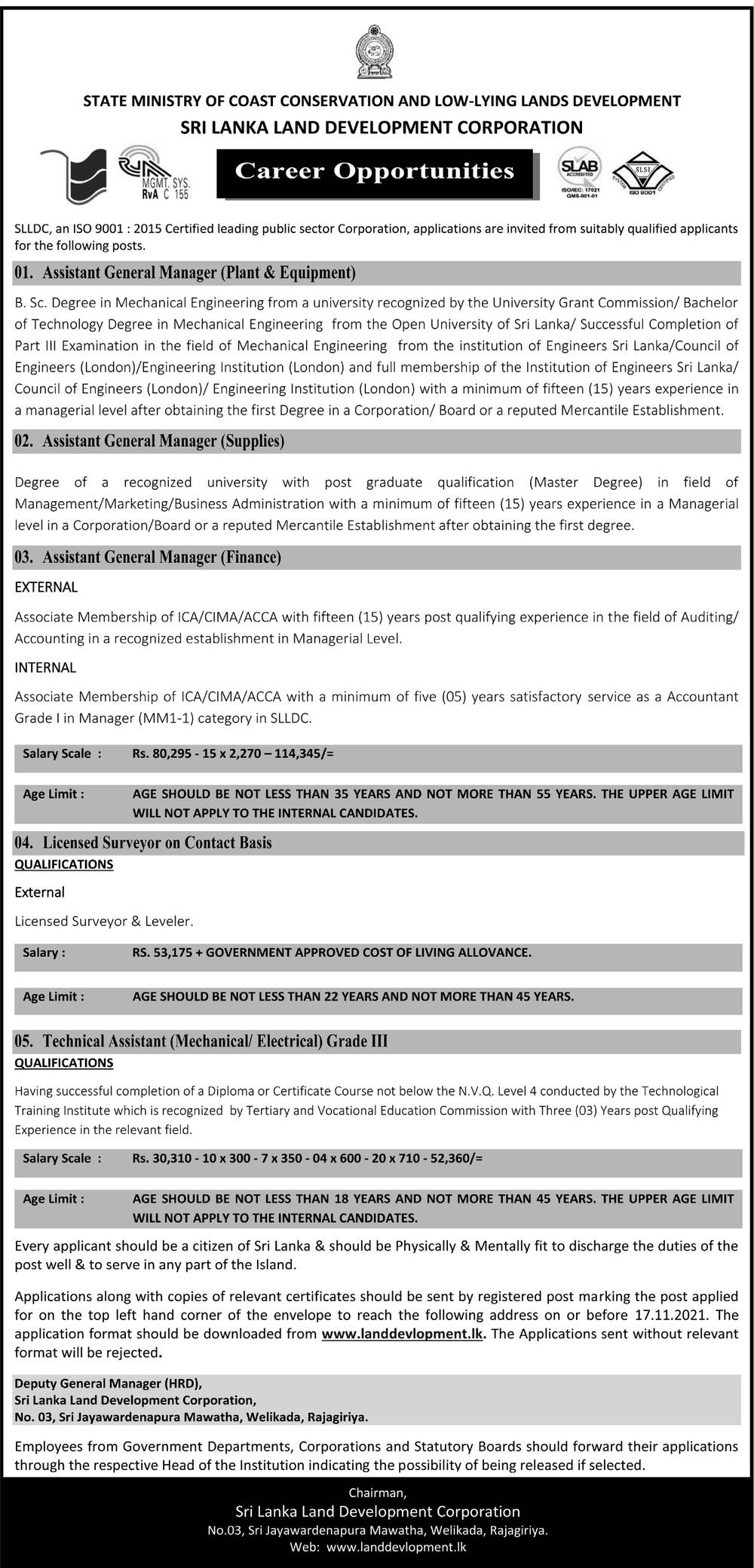 Assistant General Manager (Plant & Equipment, Supplies, Finance), Licensed Surveyor, Technical Assistant (Mechanical, Electrical) - Sri Lanka Land Development Corporation  