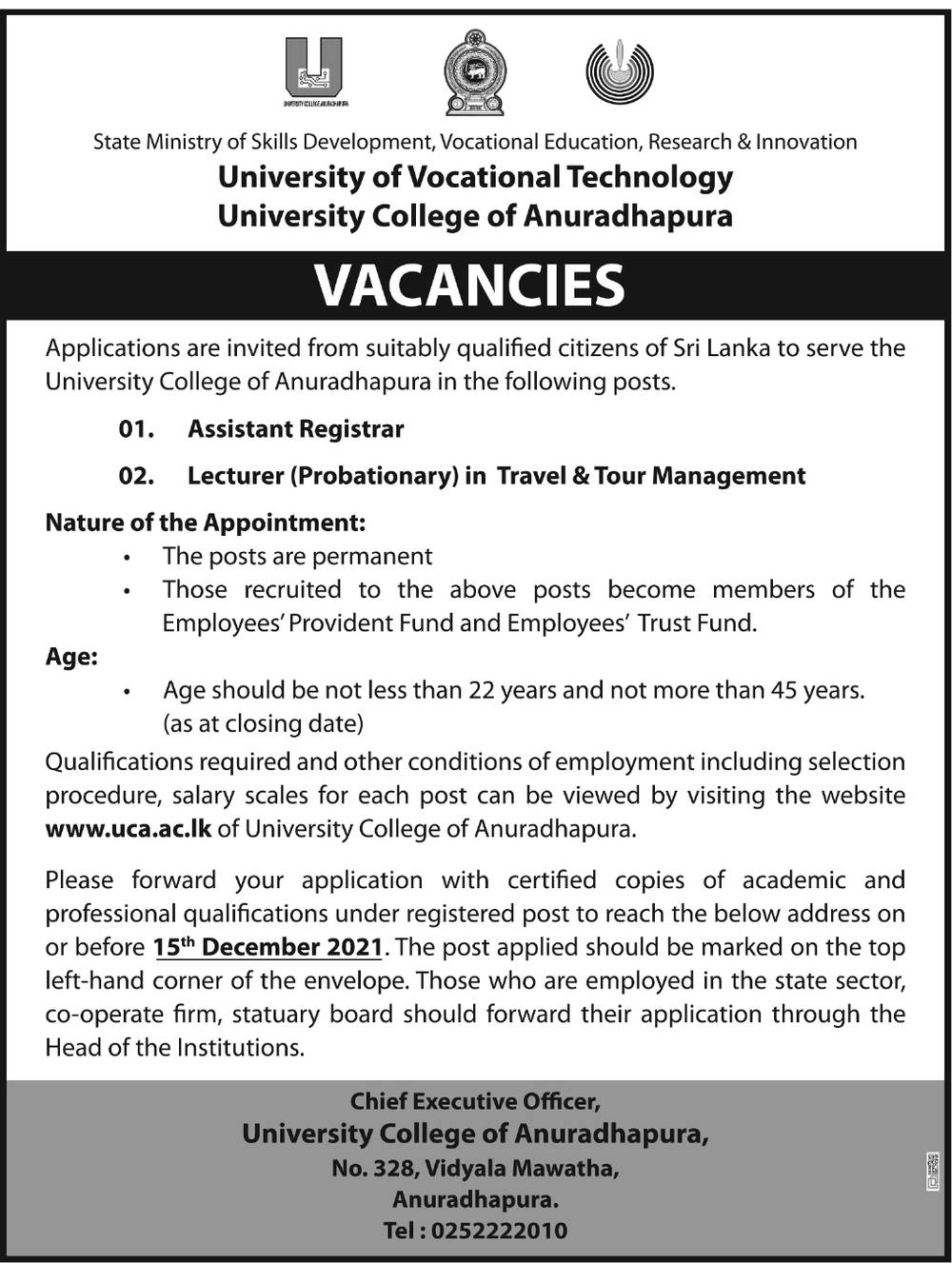 Assistant Registrar, Lecturer - University College of Anuradhapura - University of Vocational Technology  