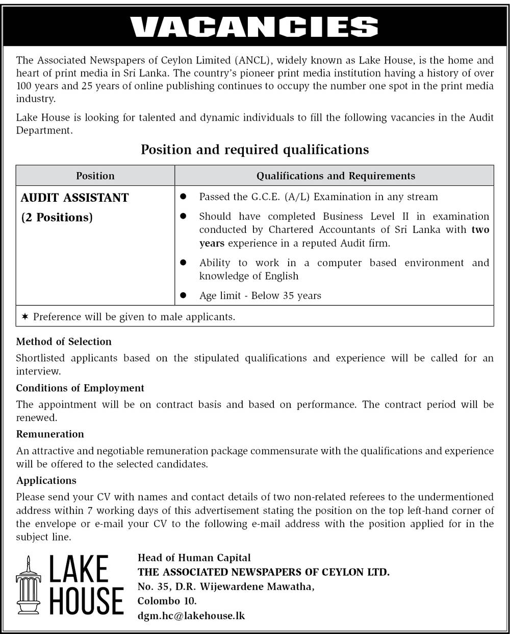 Audit Assistant, Estimator - The Associated Newspapers of Ceylon Ltd