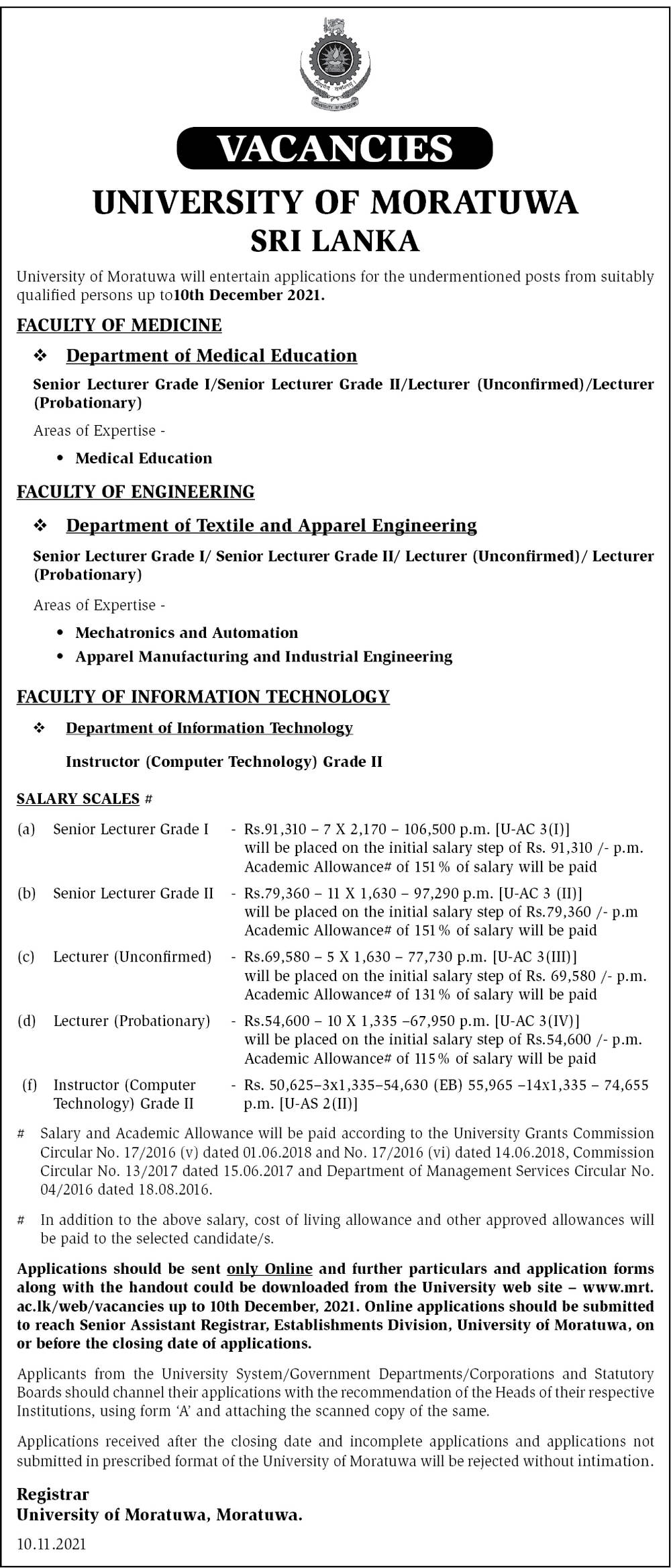 Senior Lecturer, Lecturer, Instructor - University of Moratuwa