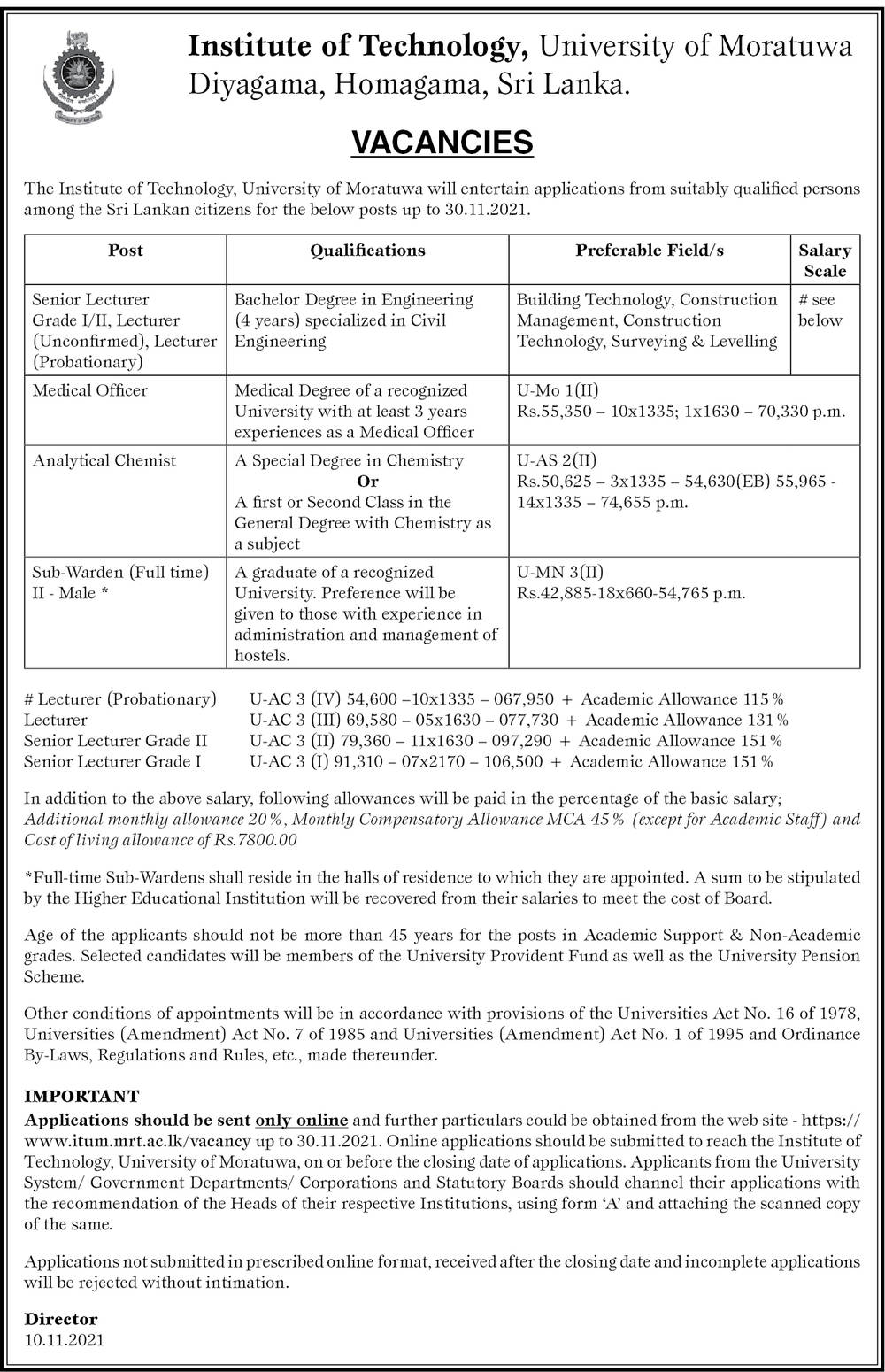 Senior Lecturer, Lecturer, Medical Officer, Analytical Chemist, Sub Warden - Institute of Technology - University of Moratuwa