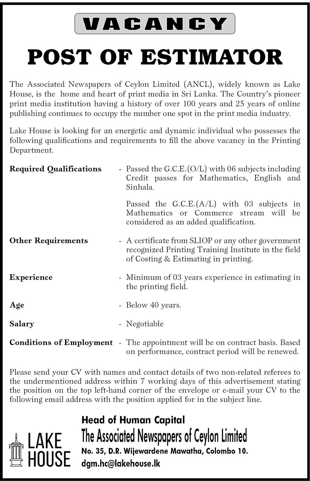 Audit Assistant, Estimator - The Associated Newspapers of Ceylon Ltd