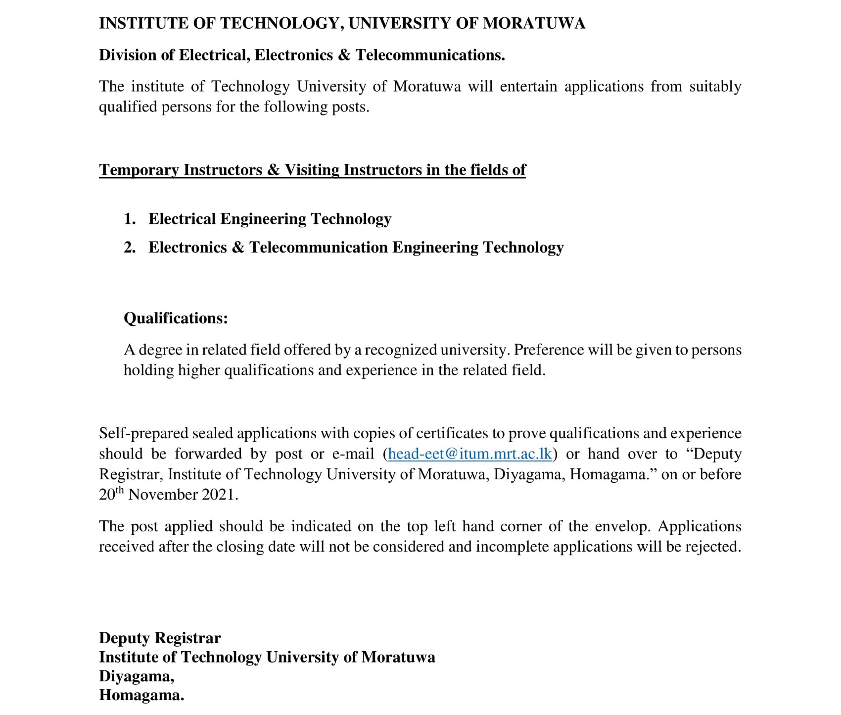 Instructor - Institute of Technology - University of Moratuwa