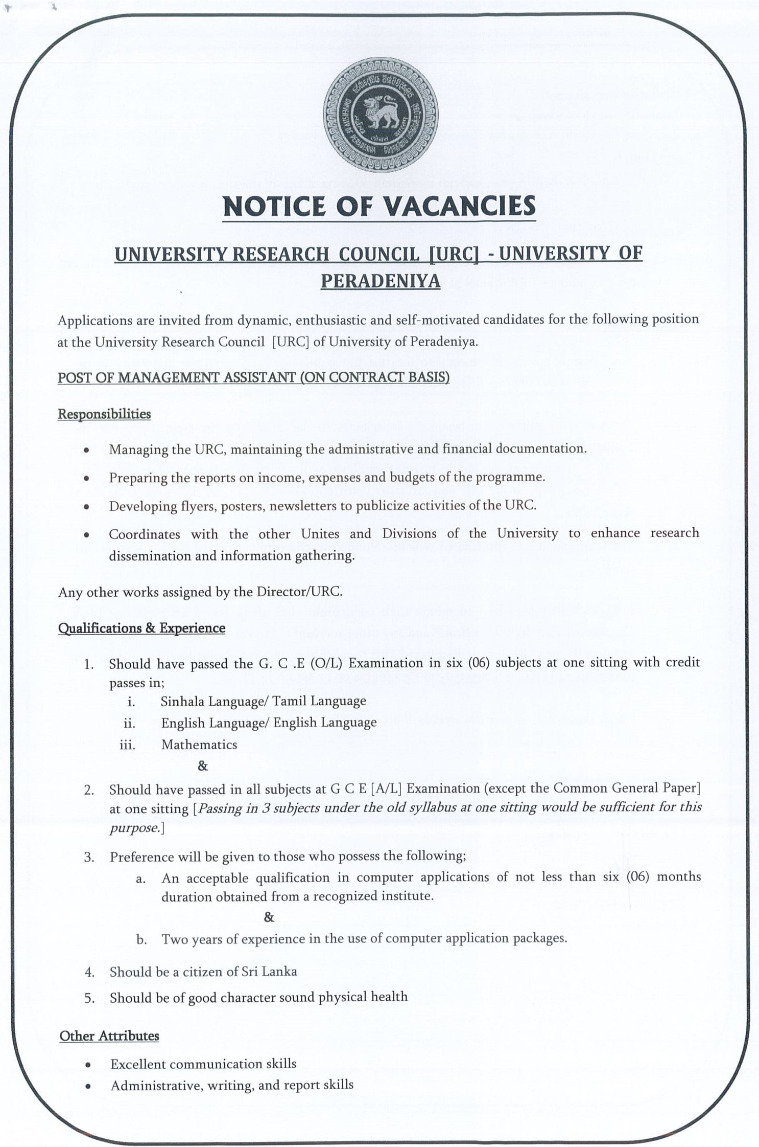 Management Assistant - University of Peradeniya