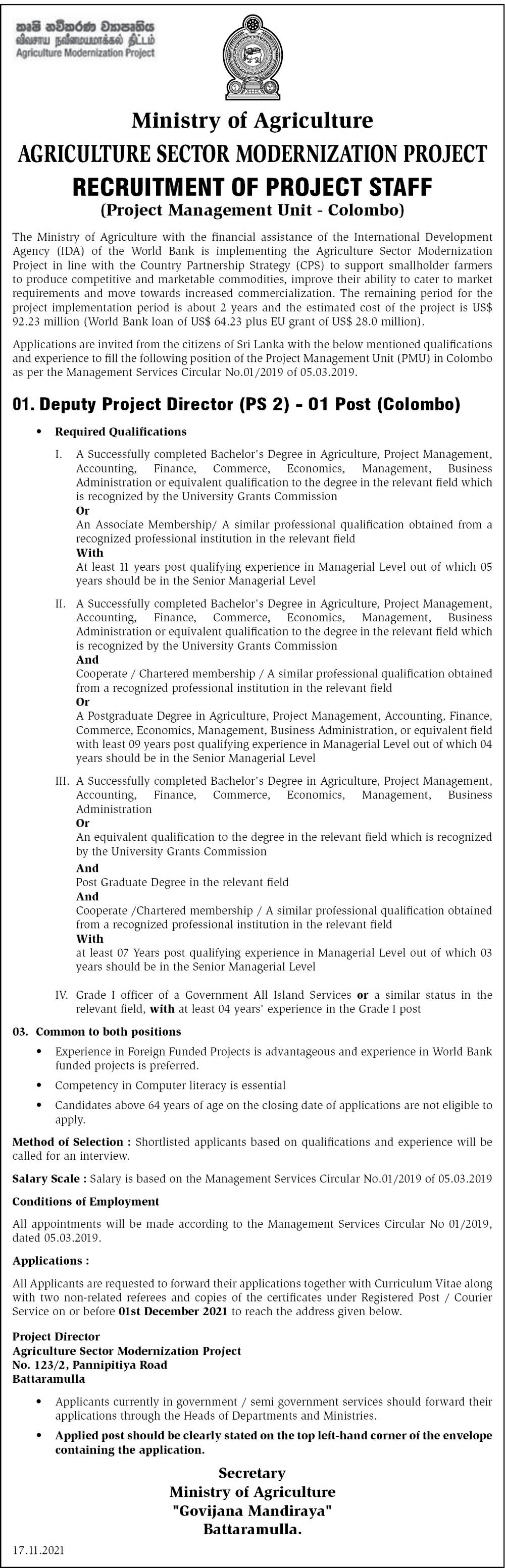 Deputy Project Director - Ministry of Agriculture