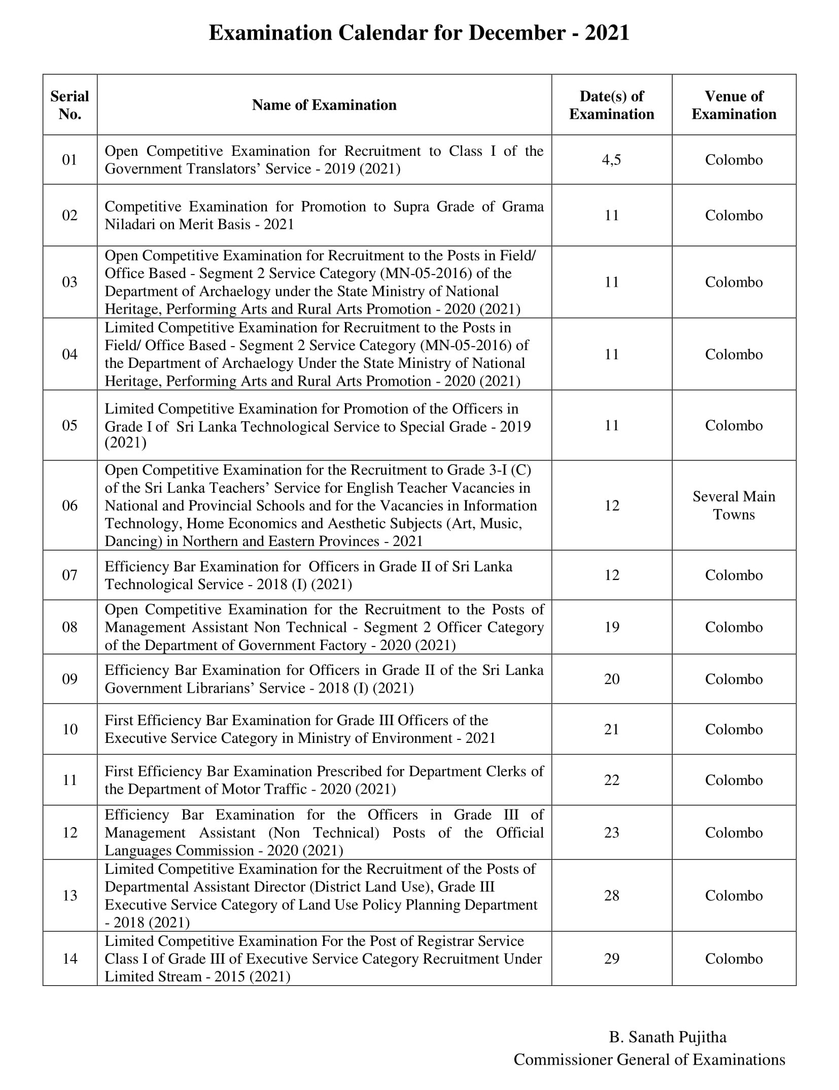 2021 December Exam Calendar - Department of Examination