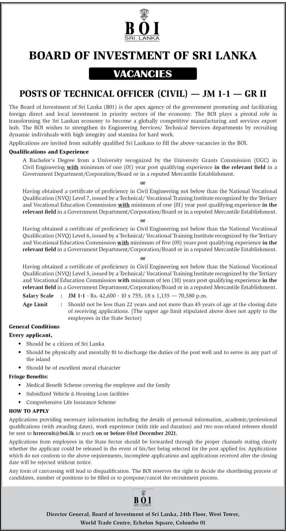 Technical Officer (Civil) - Board of Investment of Sri Lanka 