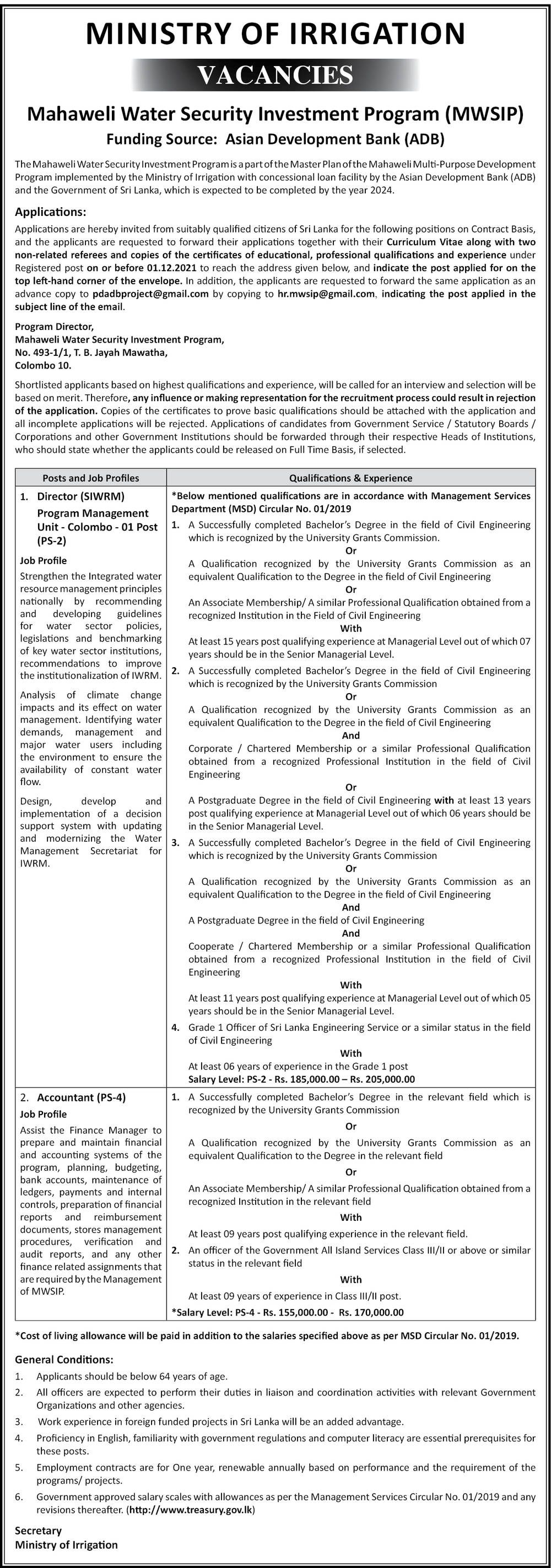 Accountant, Director - Ministry of Irrigation