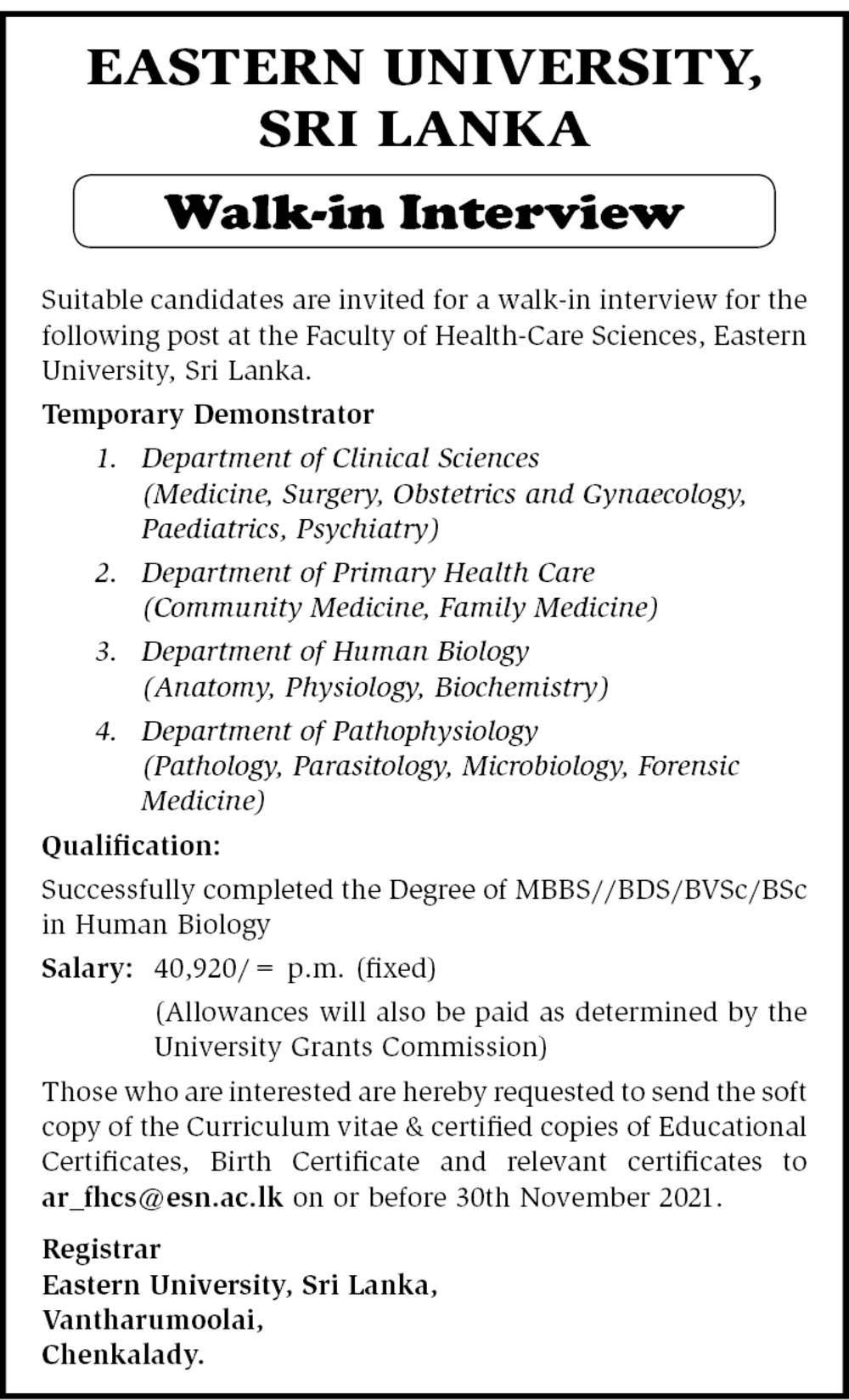 Demonstrator - Eastern University, Sri Lanka