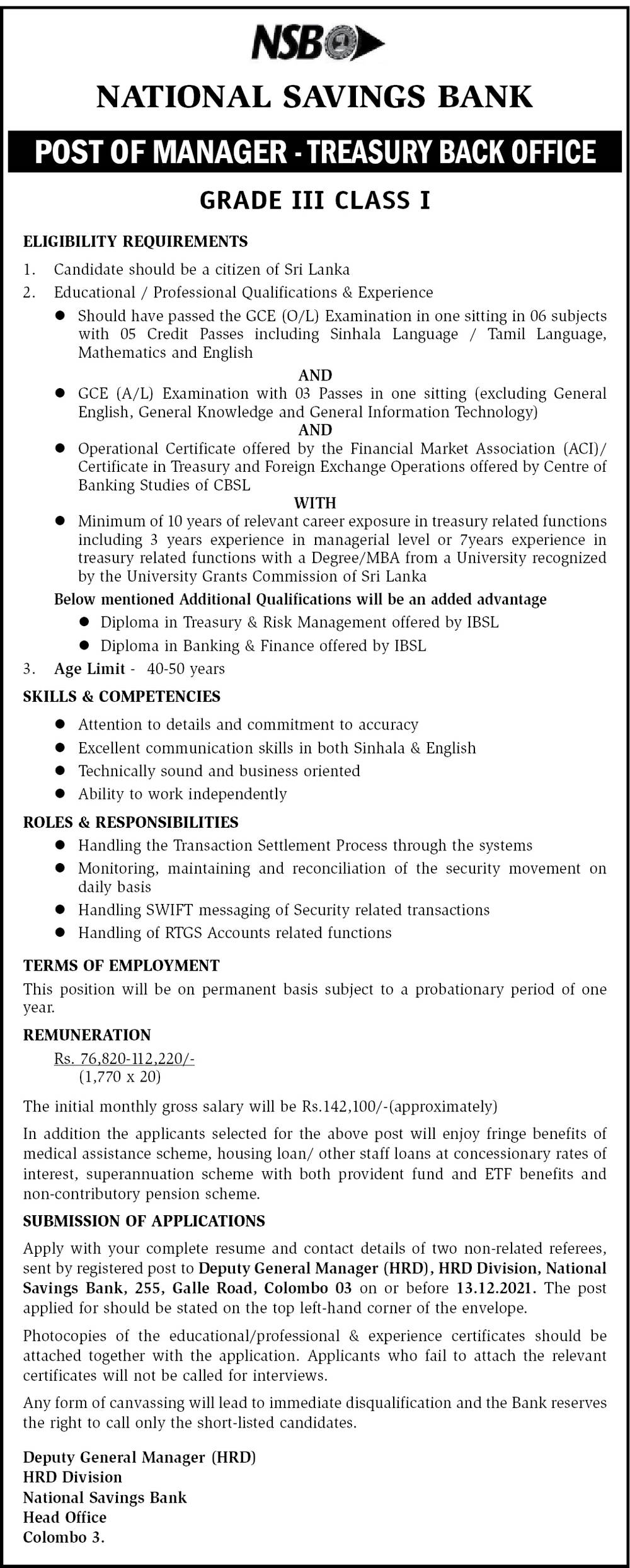 Manager (Treasury Back Office), Executive (Treasury Back Office) - National Saving Bank