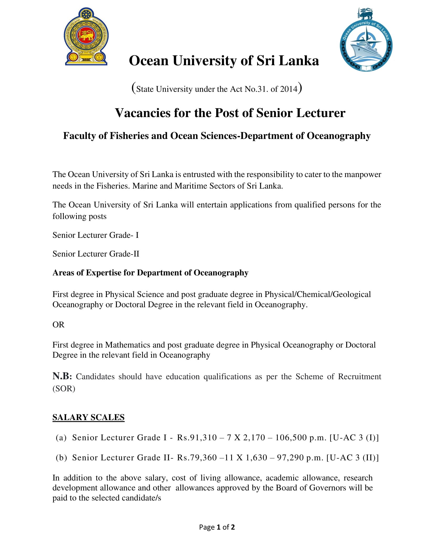 Senior Lecturer - Ocean University of Sri Lanka