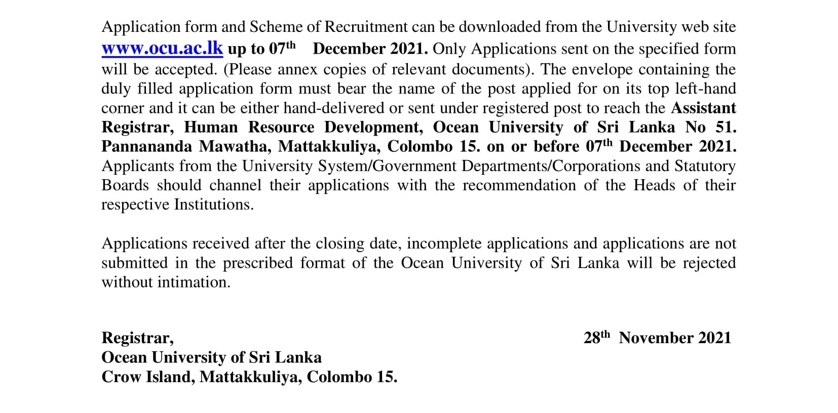 Senior Lecturer - Ocean University of Sri Lanka