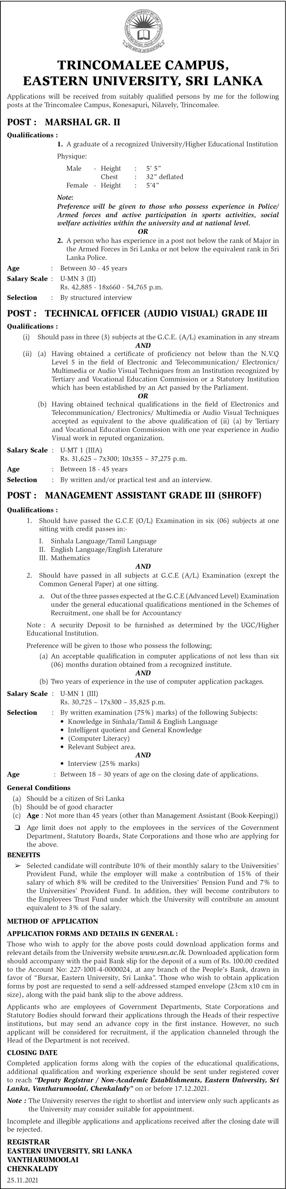 Management Assistant (Shroff), Technical Officer (Audio Visual), Marshal - Eastern University