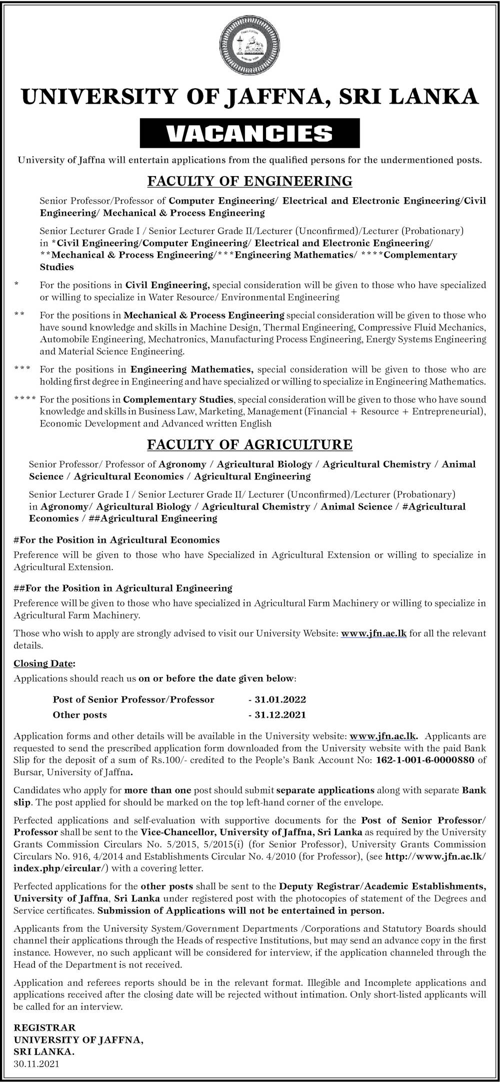 Senior Professor, Professor, Senior Lecturer, Lecturer - University of Jaffna