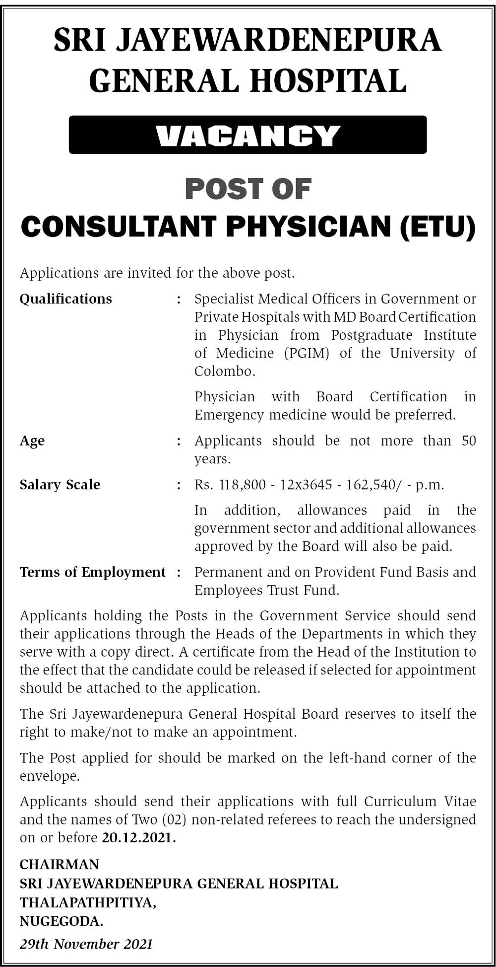 Consultant Physician, Consultant Paediatrician - Sri Jayewardenepura General Hospital