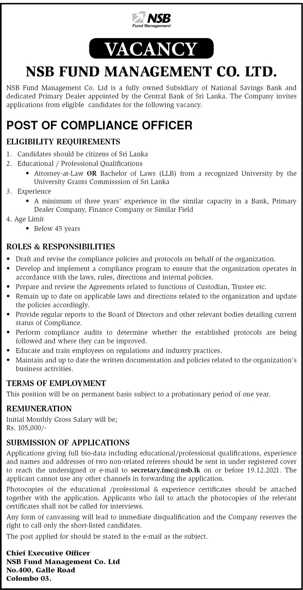 Compliance Officer - NSB Fund Management Co. Ltd