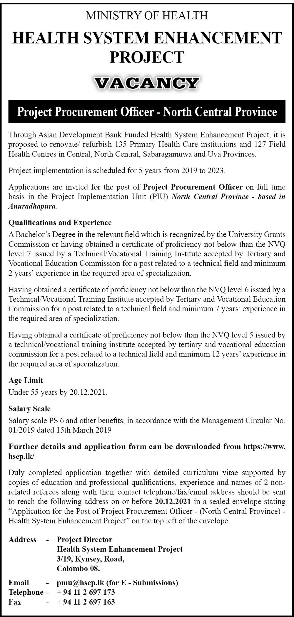 Project Procurement Officer (North Central Province) - Ministry of Health