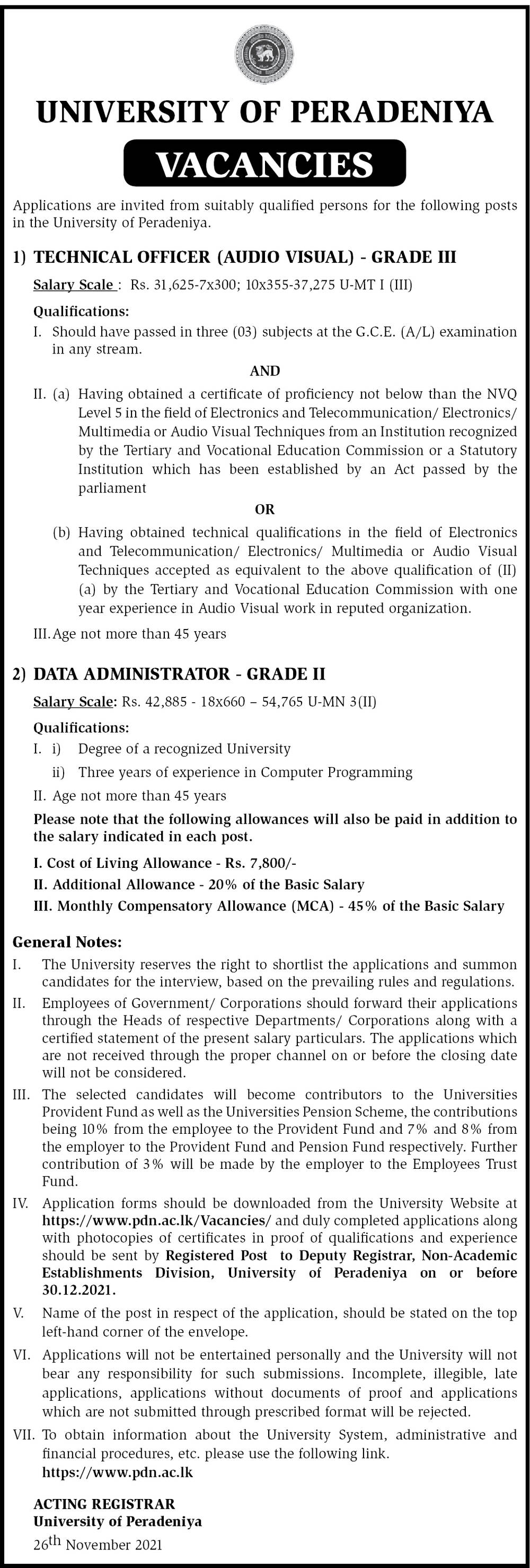 Technical Officer (Audio Visual), Data Administrator - University of Peradeniya