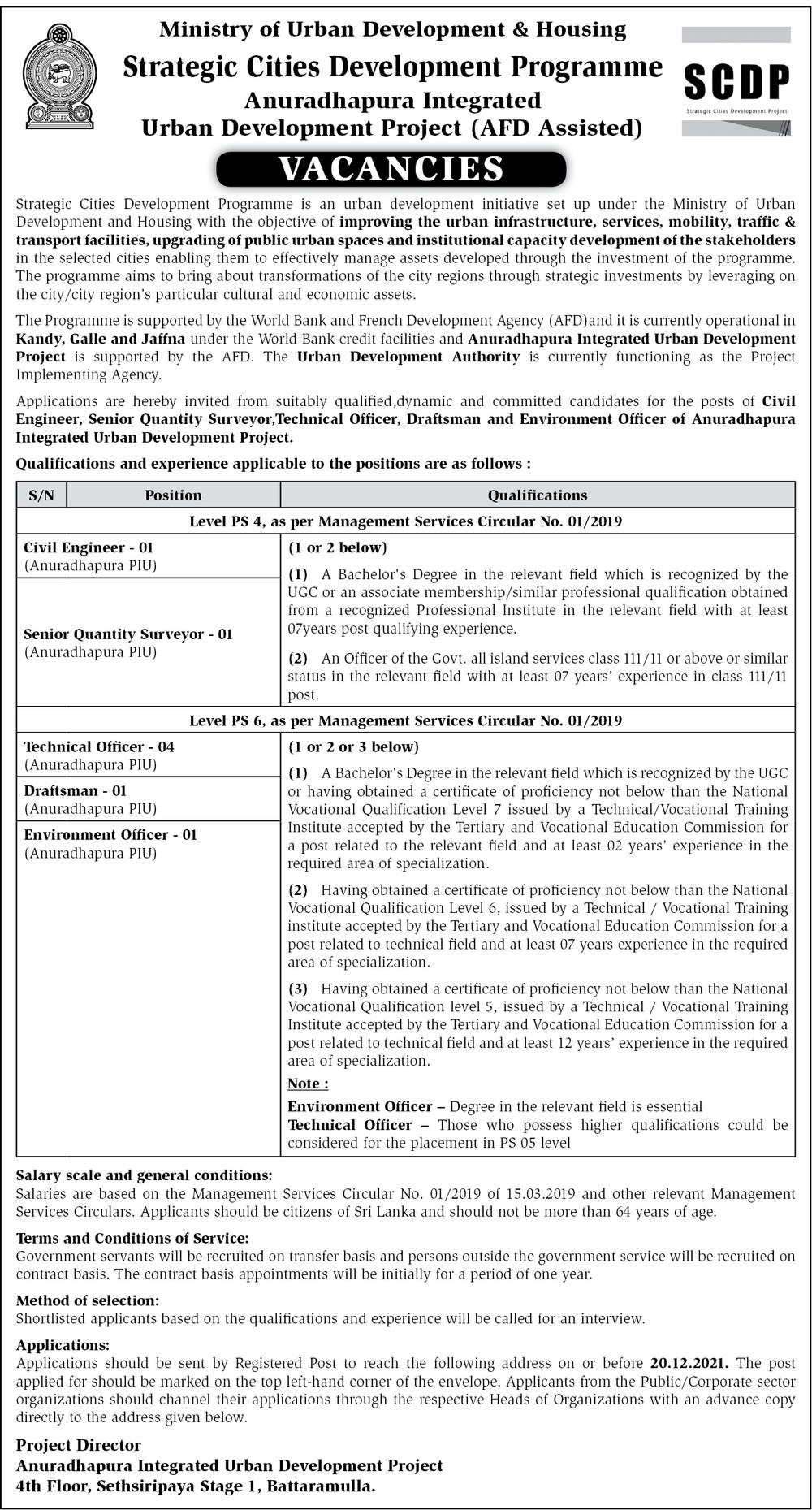 Civil Engineer, Senior Quantity Surveyor, Technical Officer, Draftsman, Environment Officer - Ministry of Urban Development & Housing