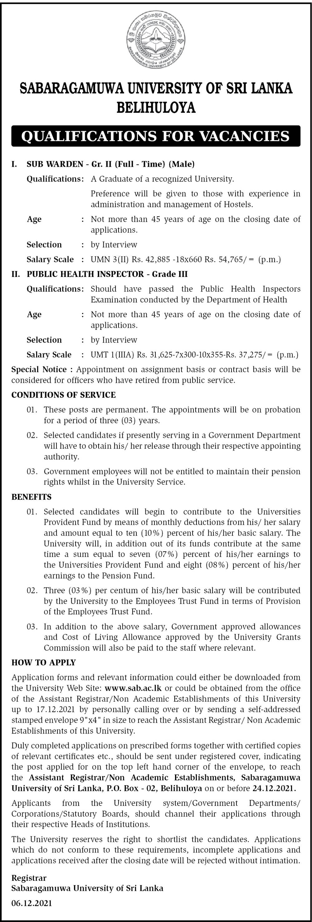 Sub Warden (Male), Public Health Inspector - Sabaragamuwa University of Sri Lanka